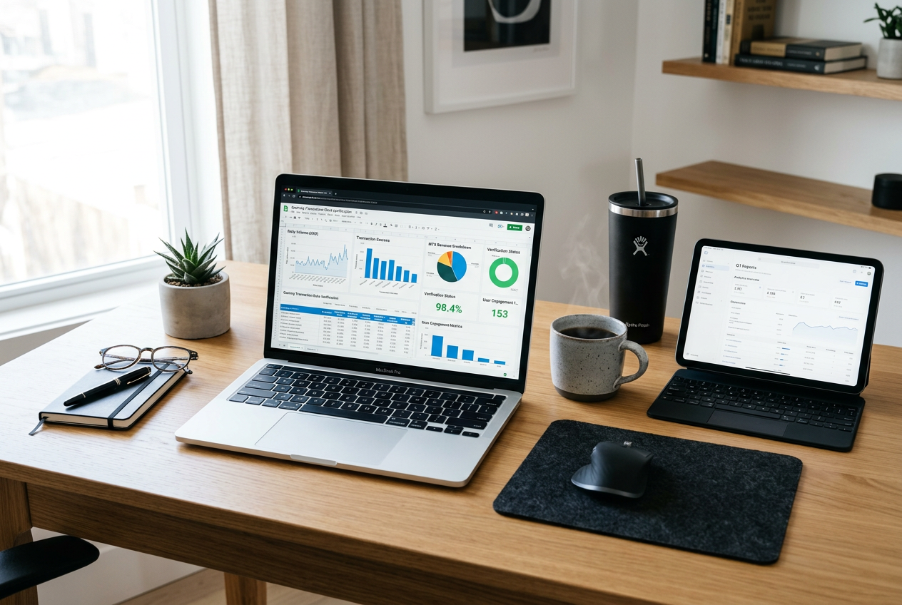 A professional workspace with a laptop showing financial analysis data.